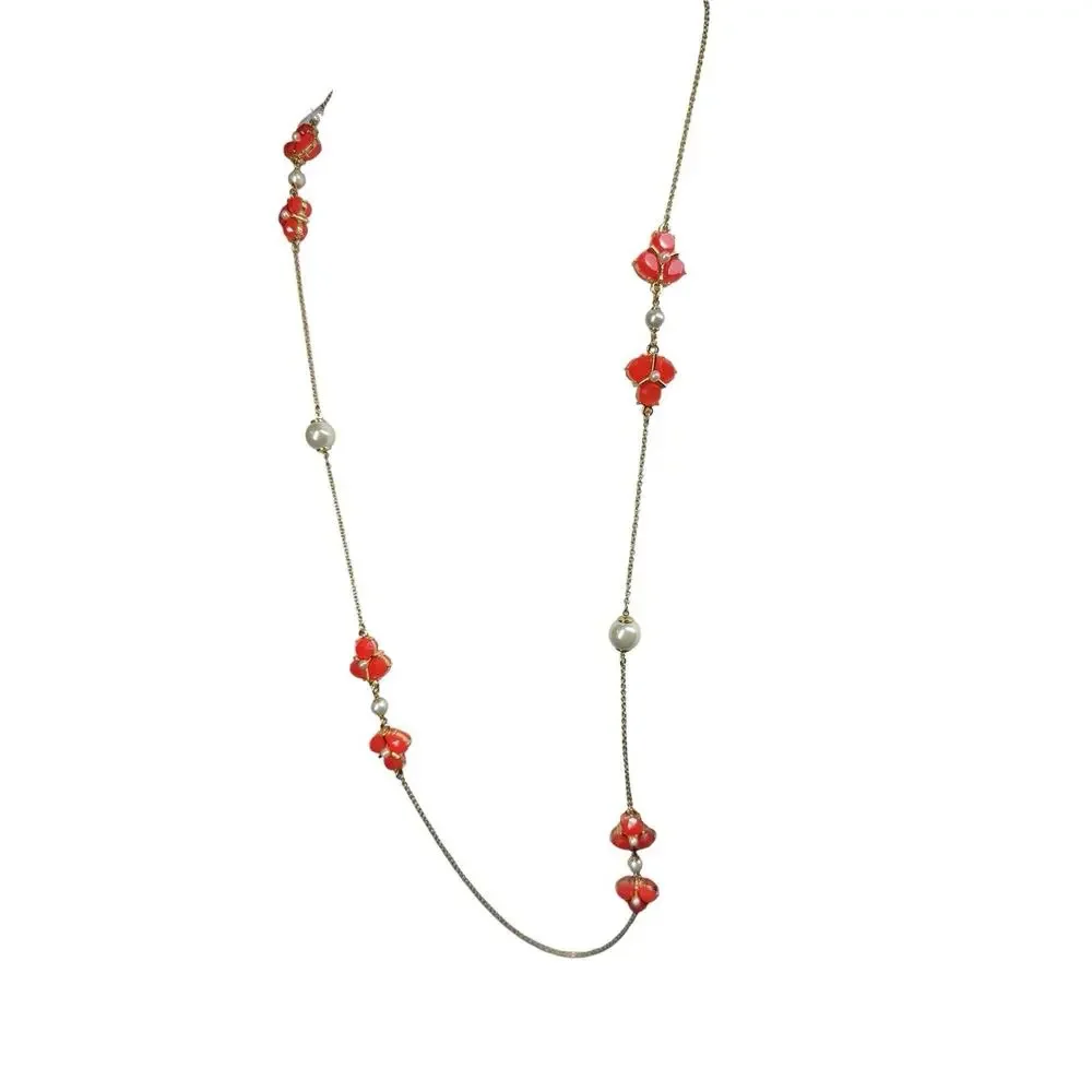 Kate Spade Long‎ Corpcore Necklace Enamel Flowers Pearl Gold Tone Retired Dainty
